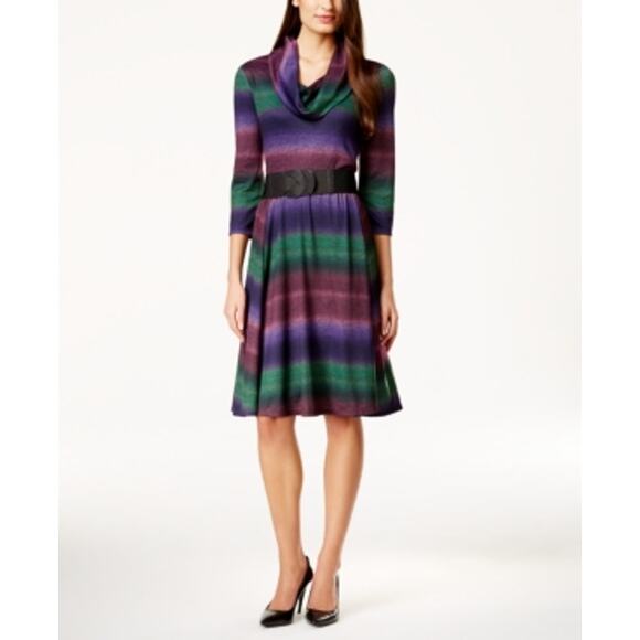 Style & Co Sweater Dress Large Ombre Cowlneck Long Sleeve Knee Purple Blue Belt - Picture 2 of 11